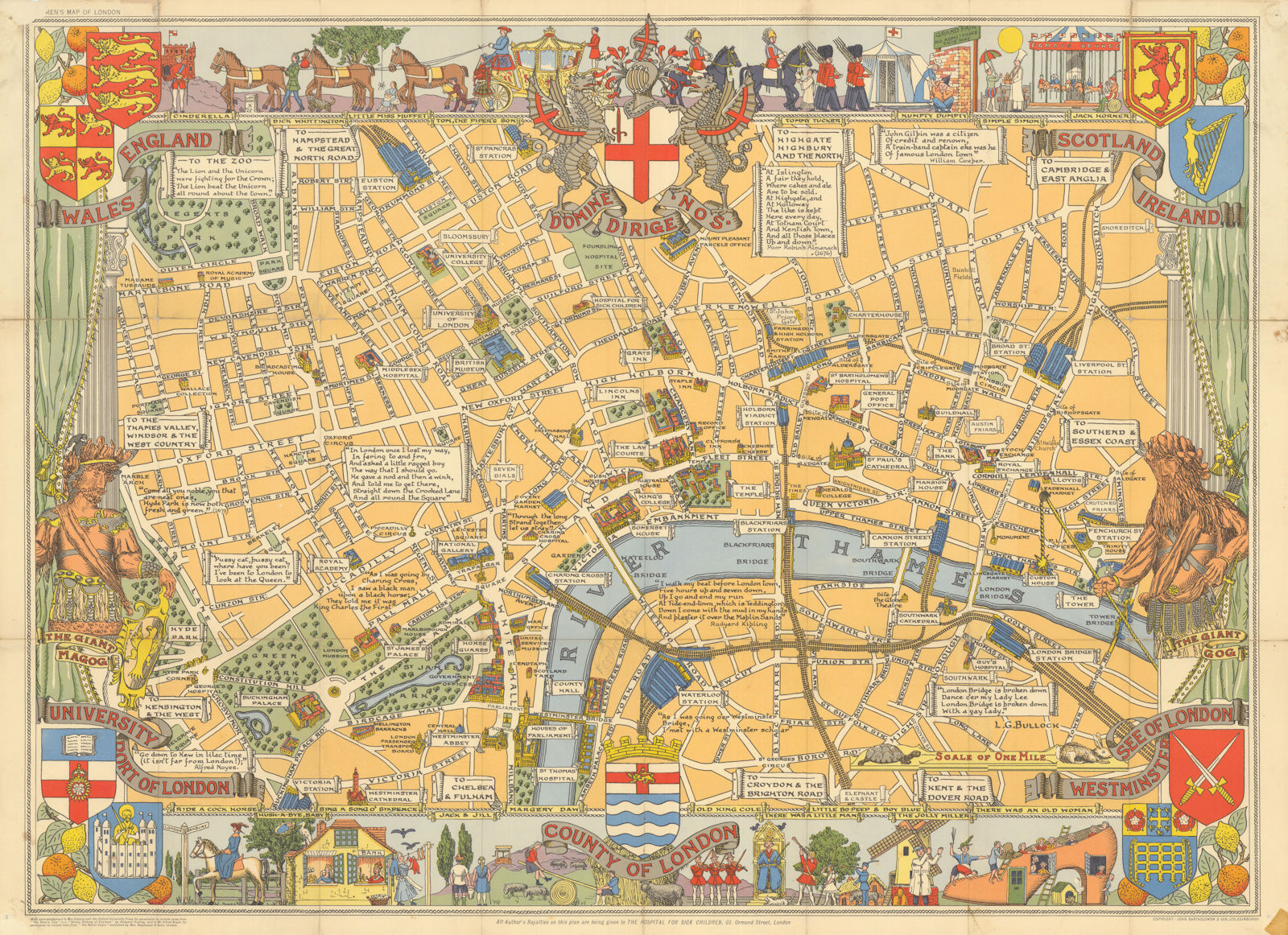 Children's Map of London. Pictorial map by John Bartholomew. 55x76cm 1939